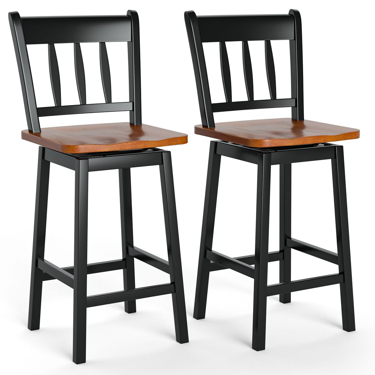 Set of 2 97Cm Swivel Rubber Wood Bar Stools with Backrest and Footrest