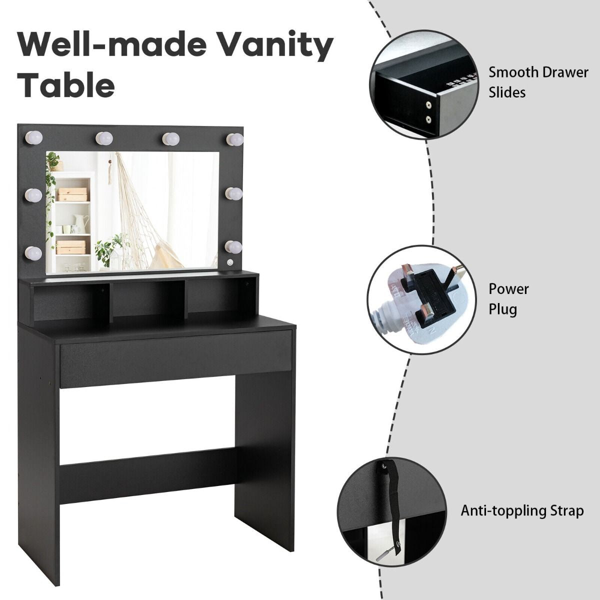 Modern Dressing Table Set with LED Lights Mirror and Drawer