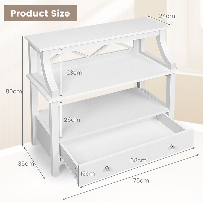 3-Tier X-Shaped Console Table with Drawer and Open Storage Shelves