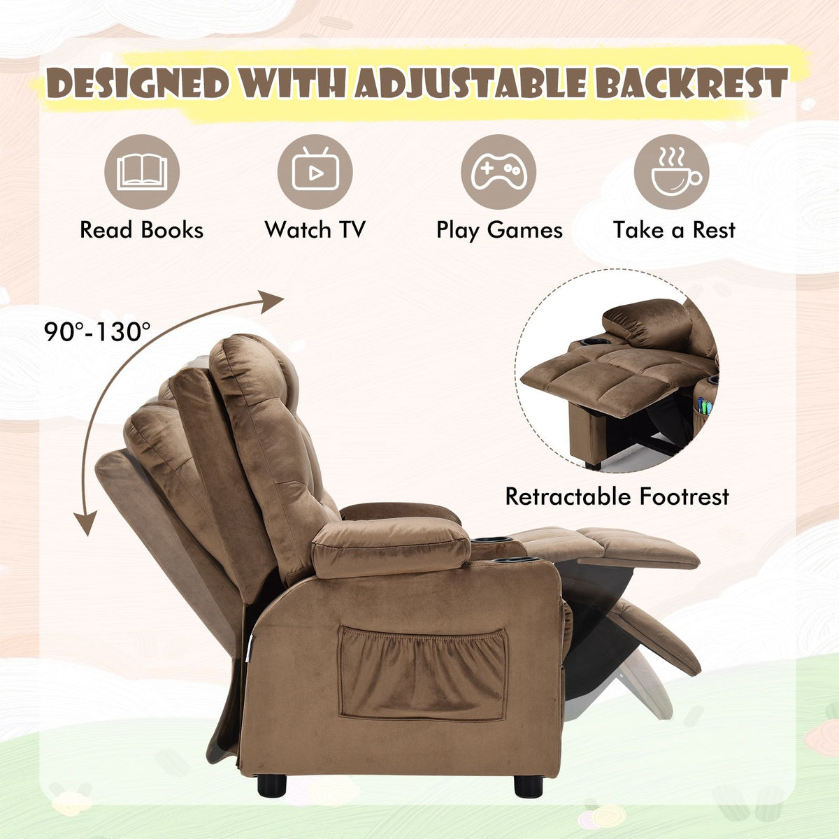 SEDOL Deluxe Larger Kids Recliner Armchair with Dual Cup Holders and Storage Pockets Premium Velvet Children’s Lounge Chair with 130° Adjustable Backrest & Pine Wood Frame