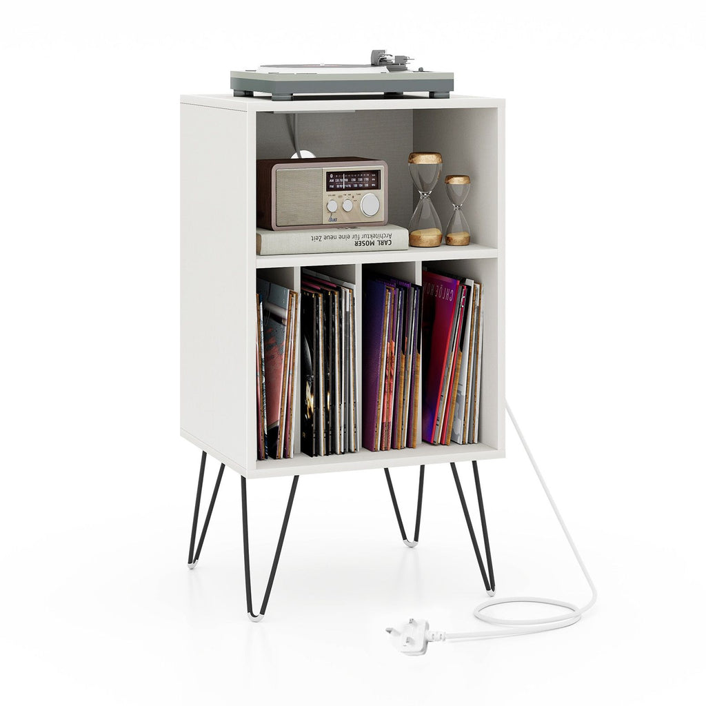 3-Tier Record Player Stand with Charging Station Shelf and 4 Dividers