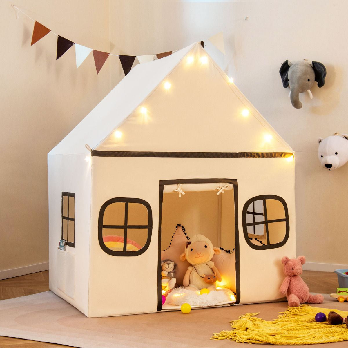 SEDOL Large Indoor Kids Playhouse with Plush Coral Velvet Mat and LED Star Lights Breathable Cotton-Blend Play Tent with Storage Pockets for Reading and Napping