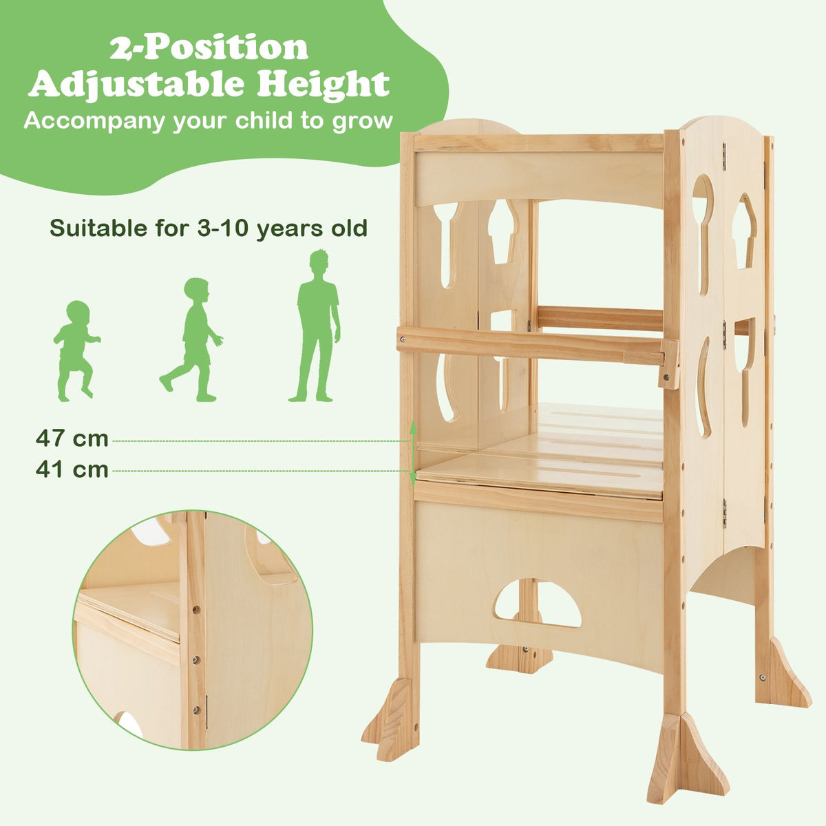 SEDOL Folding Montessori Learning Tower for Toddlers Space-Saving Height Adjustable Kitchen Helper Stool with Safety Latches and Full-Surround Guardrails