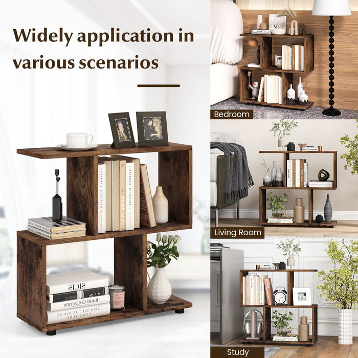 2-Tier Irregular Storage Shelf Wood Shelving Units with 4 Compartments