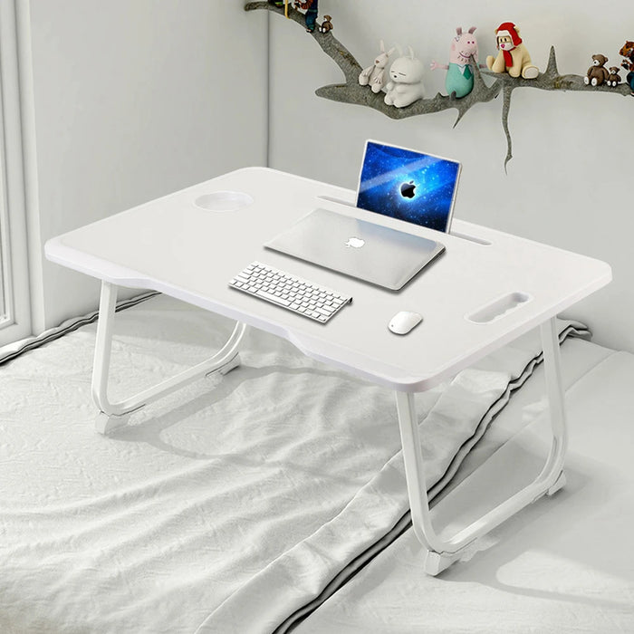 Foldable Laptop Bed Desk – Portable Ivory White Lap Table with Drawer, Cup Holder & Tablet Slot