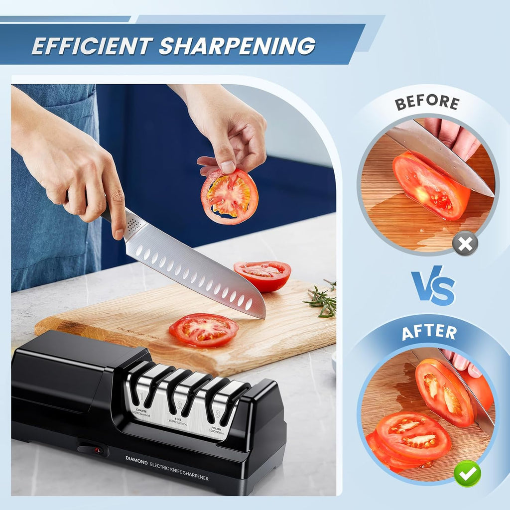 SEDOL 3-Stage Electric Knife Sharpener | Professional 100% Diamond Abrasive System | 20-Degree Precision Angle Guide with Magnetic Debris Collector and 2800 RPM Motor