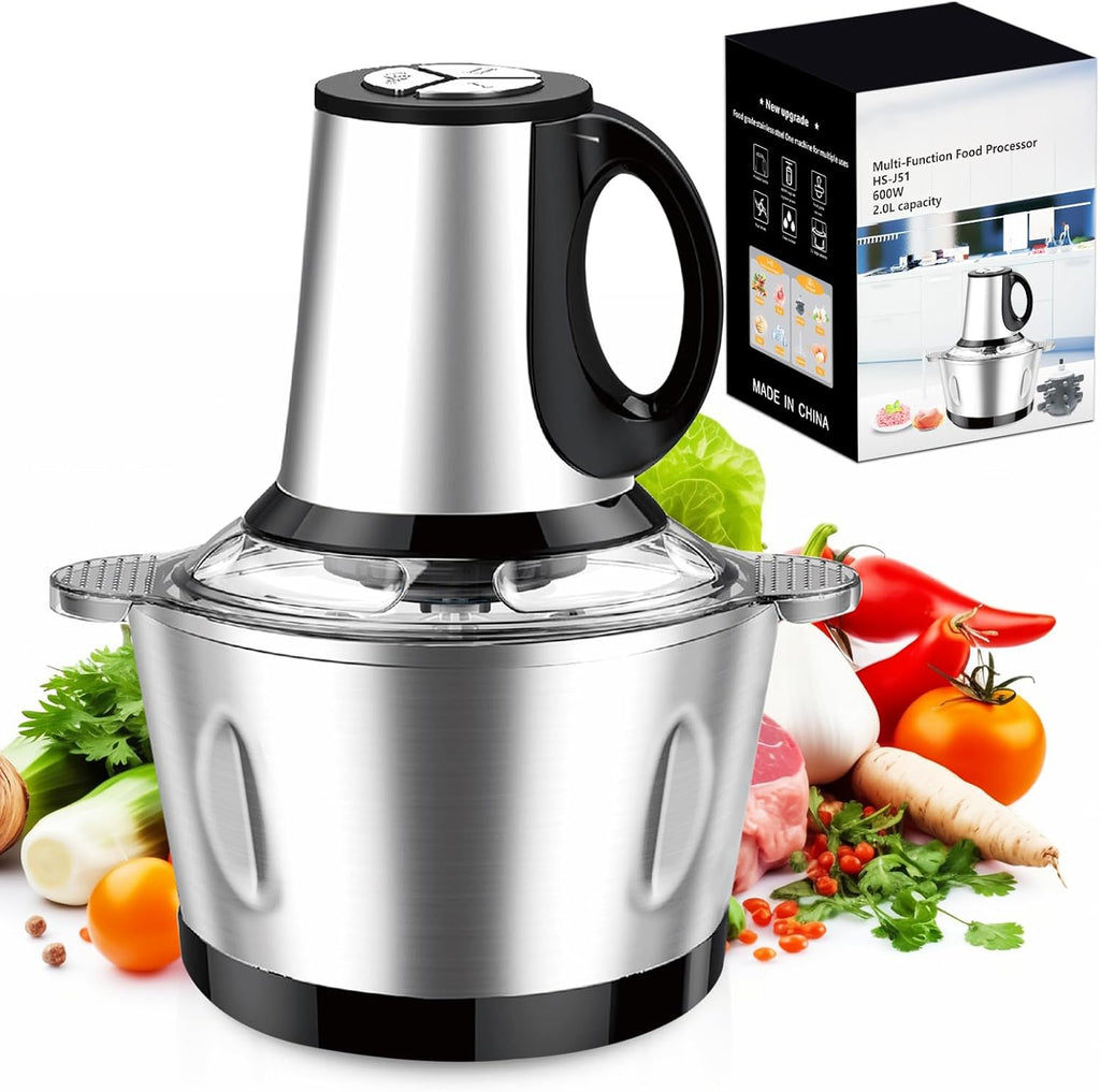 SEDOL Electric Mini Food Chopper 600W Meat Grinder 2L Stainless Steel Bowl 3-Speed Food Processor for Mincing Meat Vegetables and Baby Food 4D Bi-Level Blades Portable Mincer Silver
