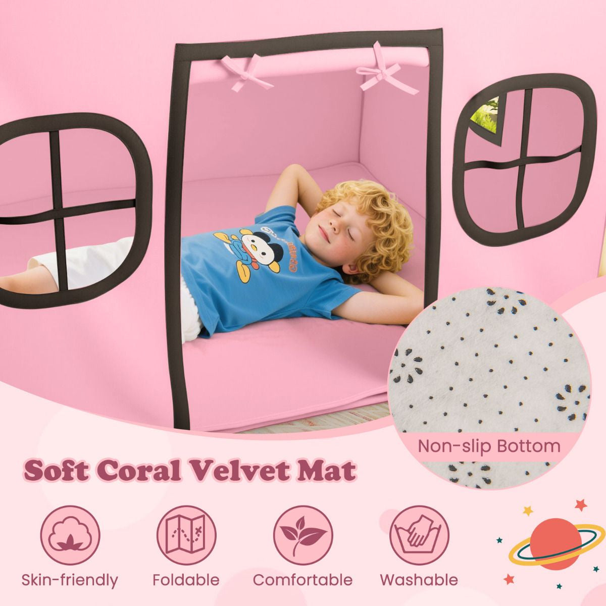 SEDOL Large Indoor Kids Playhouse with Plush Coral Velvet Mat and LED Star Lights Breathable Cotton-Blend Play Tent with Storage Pockets for Reading and Napping