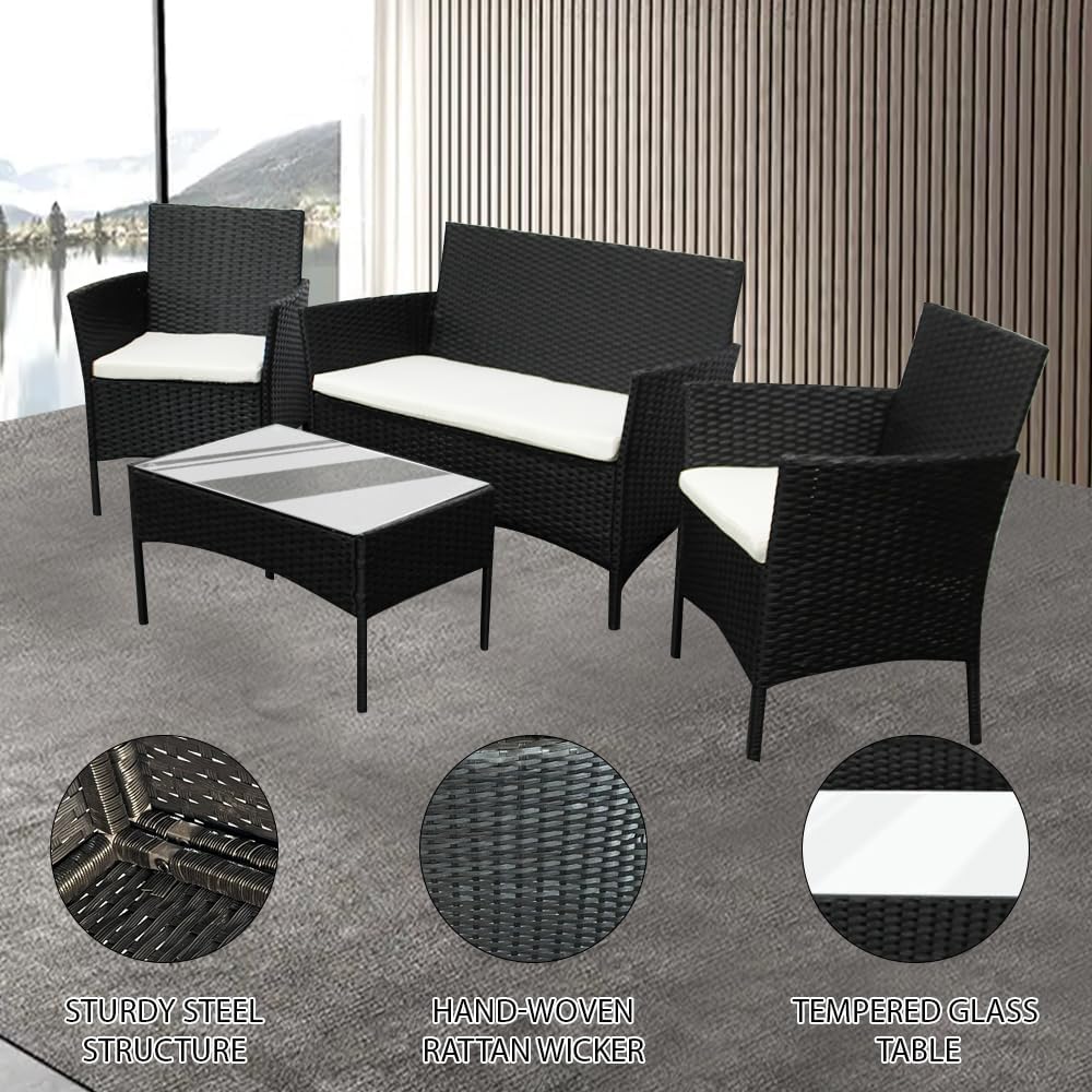 SEDOL 4-Piece Rattan Garden Furniture Sofa Set with Tempered Glass Coffee Table and 2 Armchairs Wicker Outdoor Patio Set with Water-Resistant Beige Cushions for Garden Balcony and Conservatory