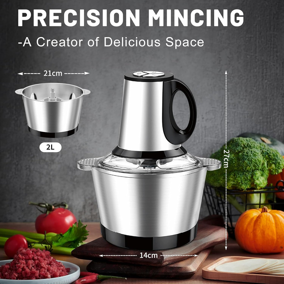 SEDOL Electric Mini Food Chopper 600W Meat Grinder 2L Stainless Steel Bowl 3-Speed Food Processor for Mincing Meat Vegetables and Baby Food 4D Bi-Level Blades Portable Mincer Silver