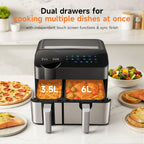 SEDOL 9.5L Dual Zone Air Fryer XXL 2400W Energy Saving Double Basket Digital Airfryer with Smart Sync Finish 8-in-1 Presets for Roasting Baking and Dehydrating Oil-Free Healthy Multi-Cooker