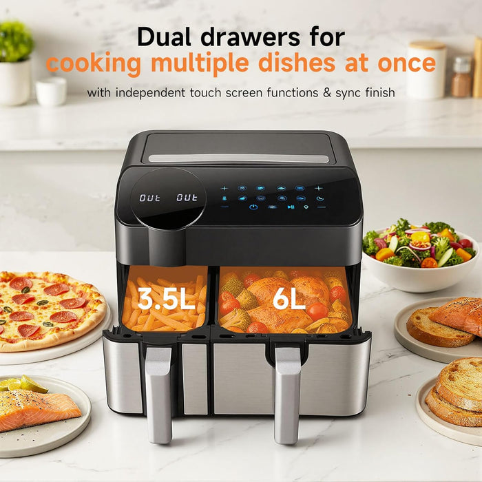 SEDOL 9.5L Dual Zone Air Fryer XXL 2400W Energy Saving Double Basket Digital Airfryer with Smart Sync Finish 8-in-1 Presets for Roasting Baking and Dehydrating Oil-Free Healthy Multi-Cooker