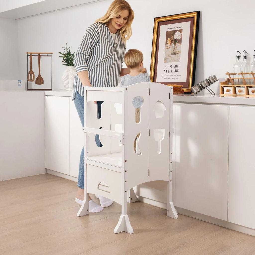 SEDOL Folding Montessori Learning Tower for Toddlers Space-Saving Height Adjustable Kitchen Helper Stool with Safety Latches and Full-Surround Guardrails