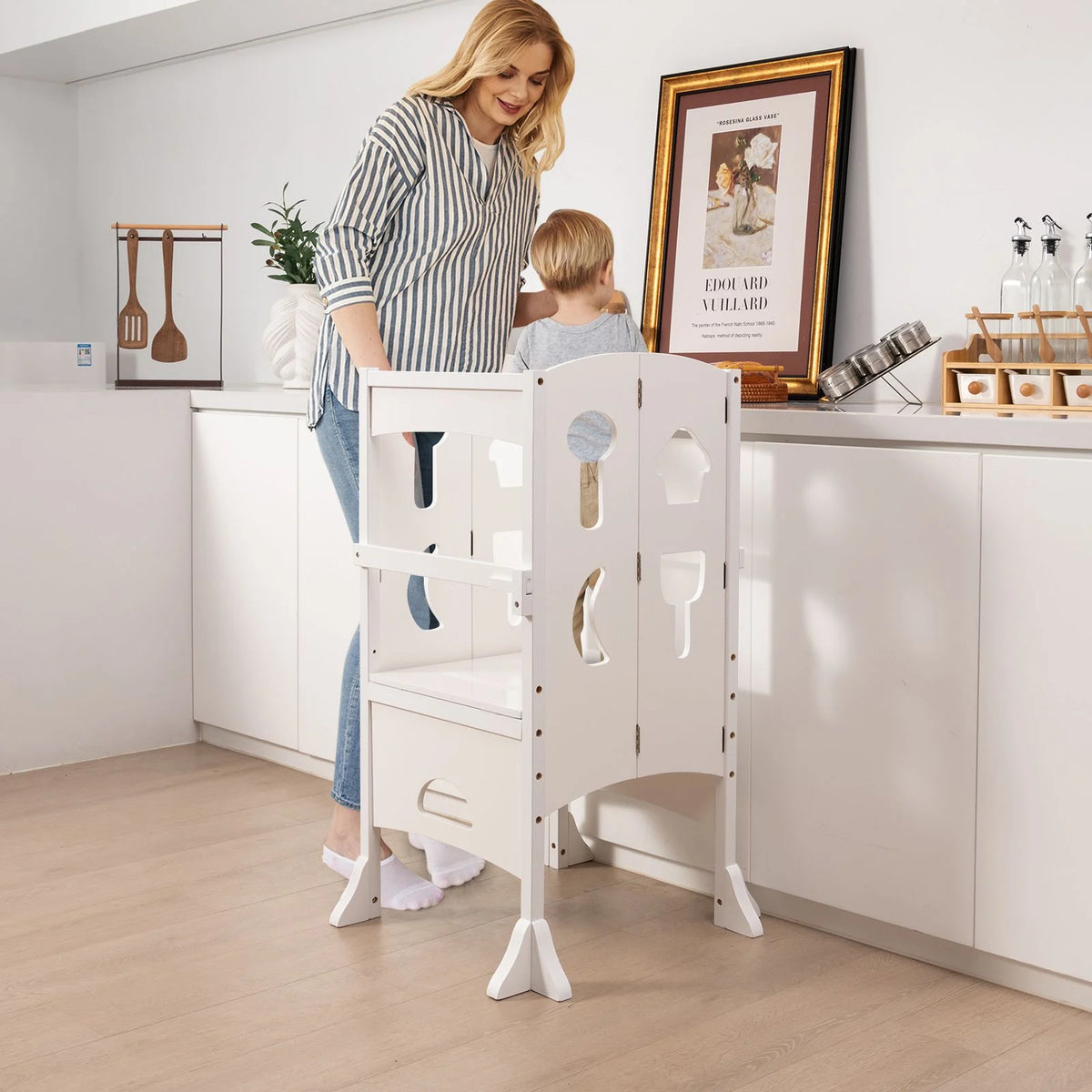 SEDOL Folding Montessori Learning Tower for Toddlers Space-Saving Height Adjustable Kitchen Helper Stool with Safety Latches and Full-Surround Guardrails
