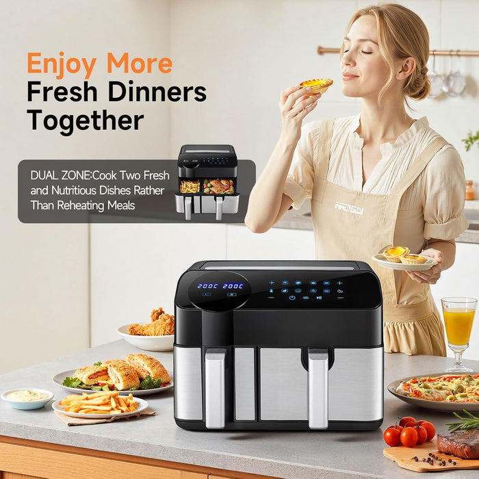 SEDOL 9.5L Dual Zone Air Fryer XXL 2400W Energy Saving Double Basket Digital Airfryer with Smart Sync Finish 8-in-1 Presets for Roasting Baking and Dehydrating Oil-Free Healthy Multi-Cooker