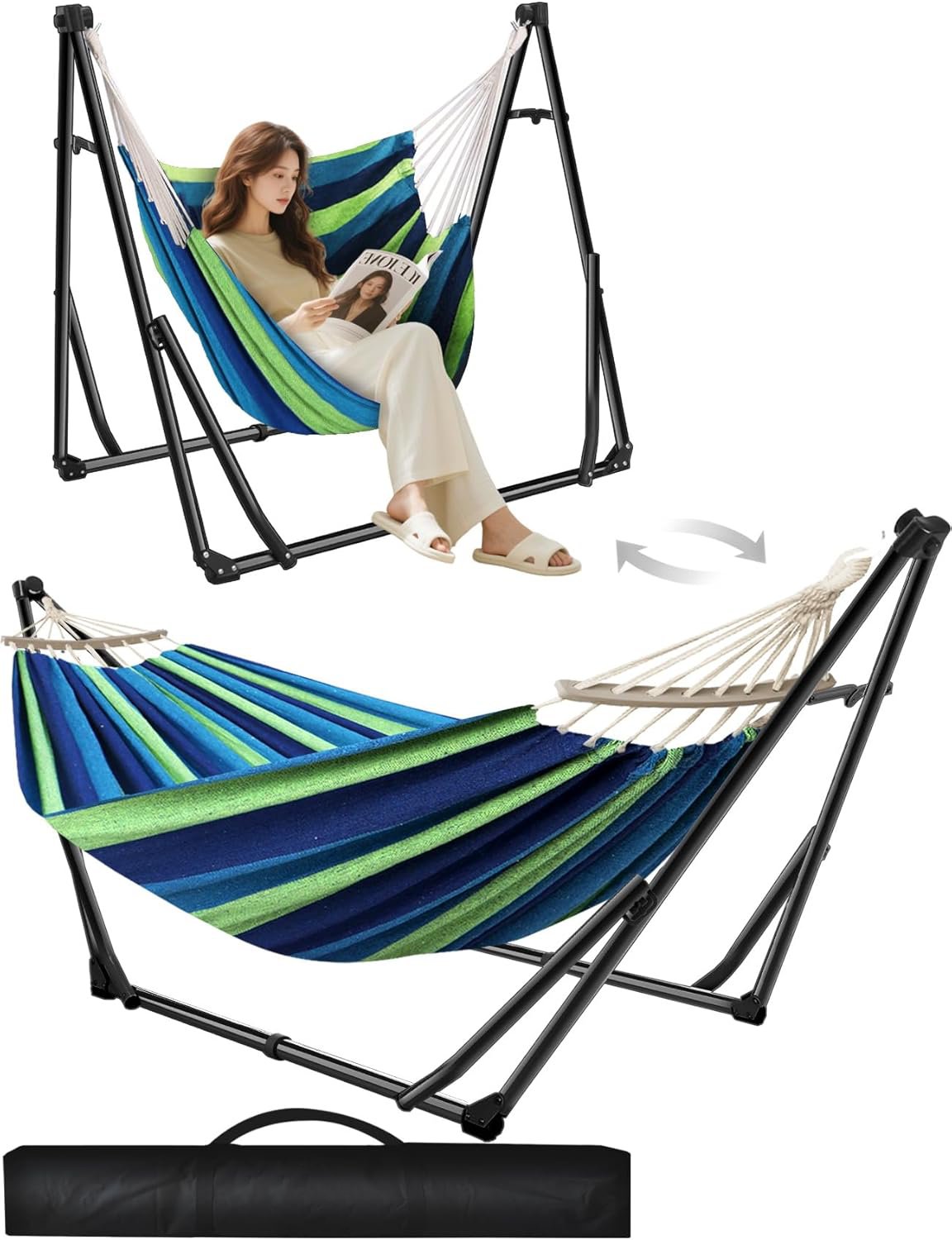 SEDOL 2-in-1 Hammock & Hanging Chair with Foldable Stand | Portable Freestanding Steel Frame Set | Heavy-Duty 200kg Capacity | Breathable Cotton Blend Hammock & Swing Chair for Indoor and Outdoor Relaxation