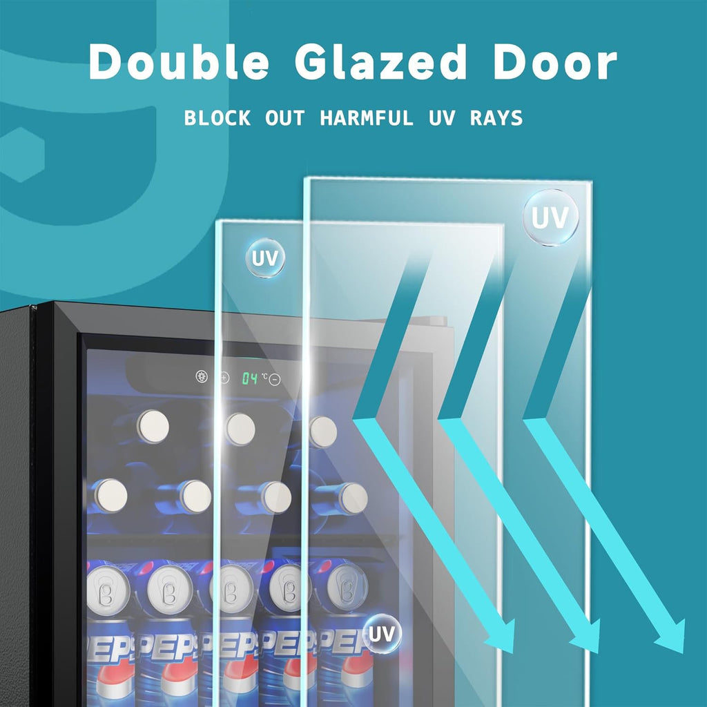 SEDOL Beer Fridge with Glass Door 55 Can Mini Drinks Fridge 36L Beverage Refrigerator with Blue LED Lighting and Removable Shelves for Home Bar Office and Man Cave Black