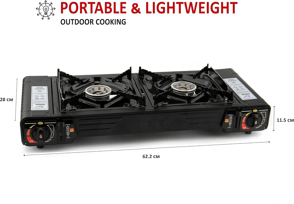 SEDOL 2-Burner Portable Camping Stove | High-Power 5kW Double Gas Cooker with Piezo Ignition | Lightweight Alloy Steel Design with Protective Carry Case for Festivals Camping and Outdoor Cooking