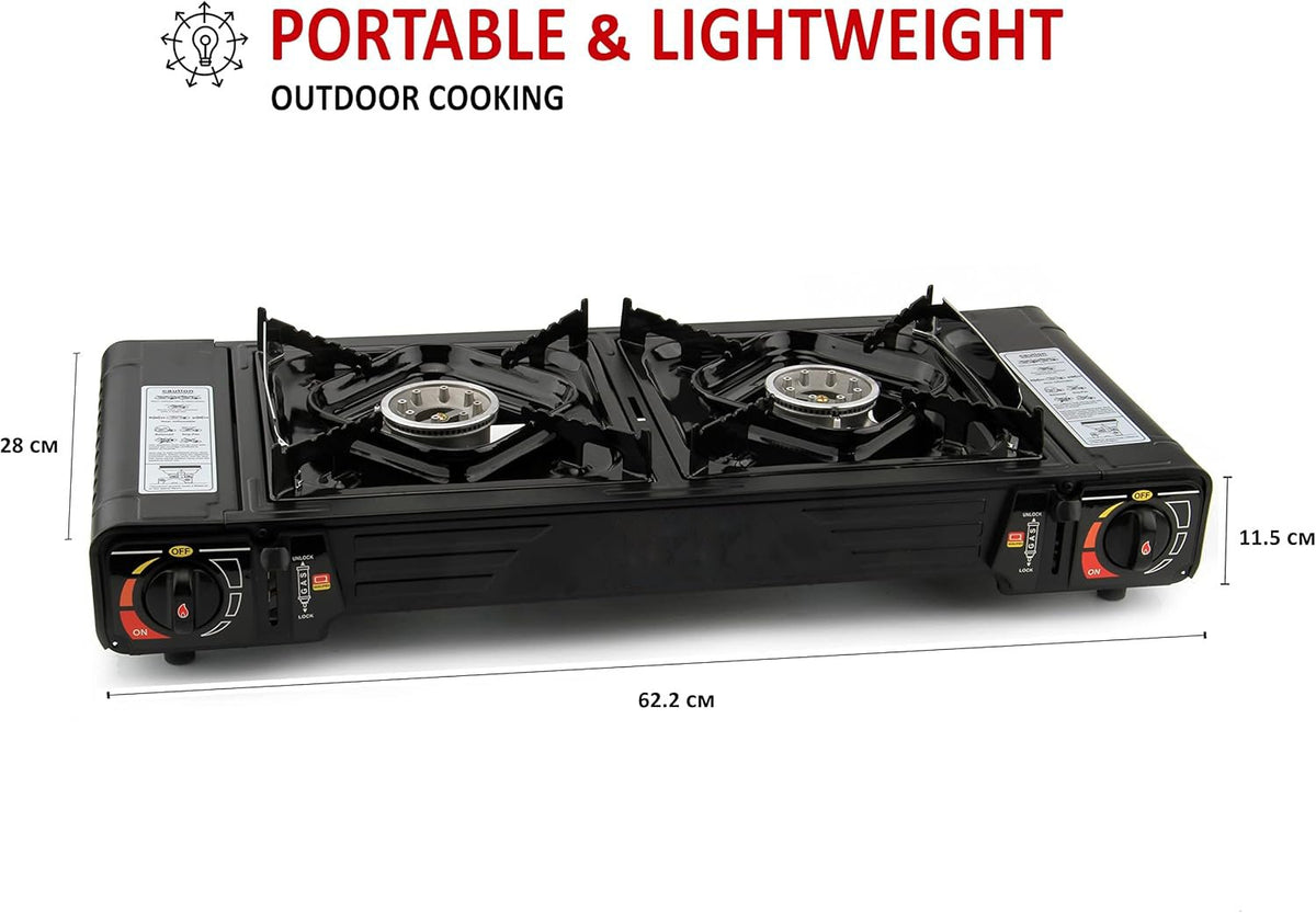 SEDOL 2-Burner Portable Camping Stove | High-Power 5kW Double Gas Cooker with Piezo Ignition | Lightweight Alloy Steel Design with Protective Carry Case for Festivals Camping and Outdoor Cooking