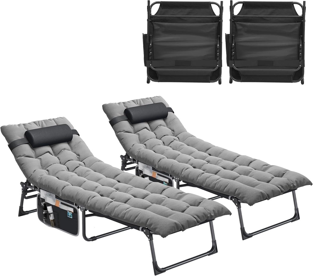 SEDOL Reclining Sun Lounger Set of 2 | 5-Position Adjustable Folding Garden Bed with Sponge-Filled Mattress | Heavy Duty 330lb Capacity Sunbeds with Headrest and Side Storage Pocket Gray