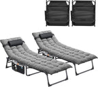 SEDOL Reclining Sun Lounger Set of 2 | 5-Position Adjustable Folding Garden Bed with Sponge-Filled Mattress | Heavy Duty 330lb Capacity Sunbeds with Headrest and Side Storage Pocket Gray