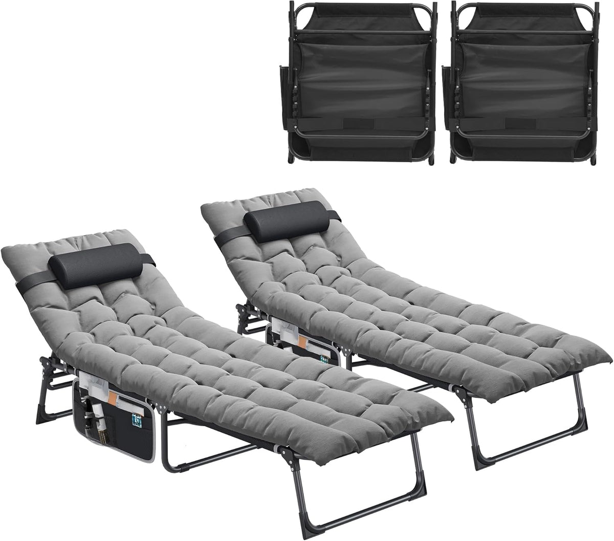 SEDOL Reclining Sun Lounger Set of 2 | 5-Position Adjustable Folding Garden Bed with Sponge-Filled Mattress | Heavy Duty 330lb Capacity Sunbeds with Headrest and Side Storage Pocket Gray