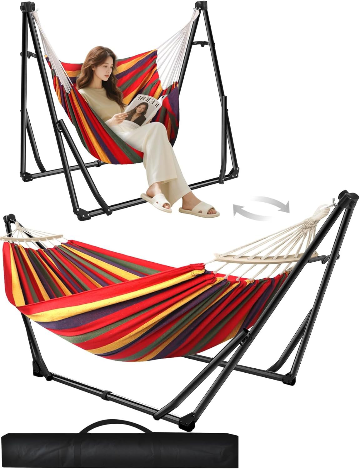 SEDOL 2-in-1 Hammock & Hanging Chair with Foldable Stand | Portable Freestanding Steel Frame Set | Heavy-Duty 200kg Capacity | Breathable Cotton Blend Hammock & Swing Chair for Indoor and Outdoor Relaxation