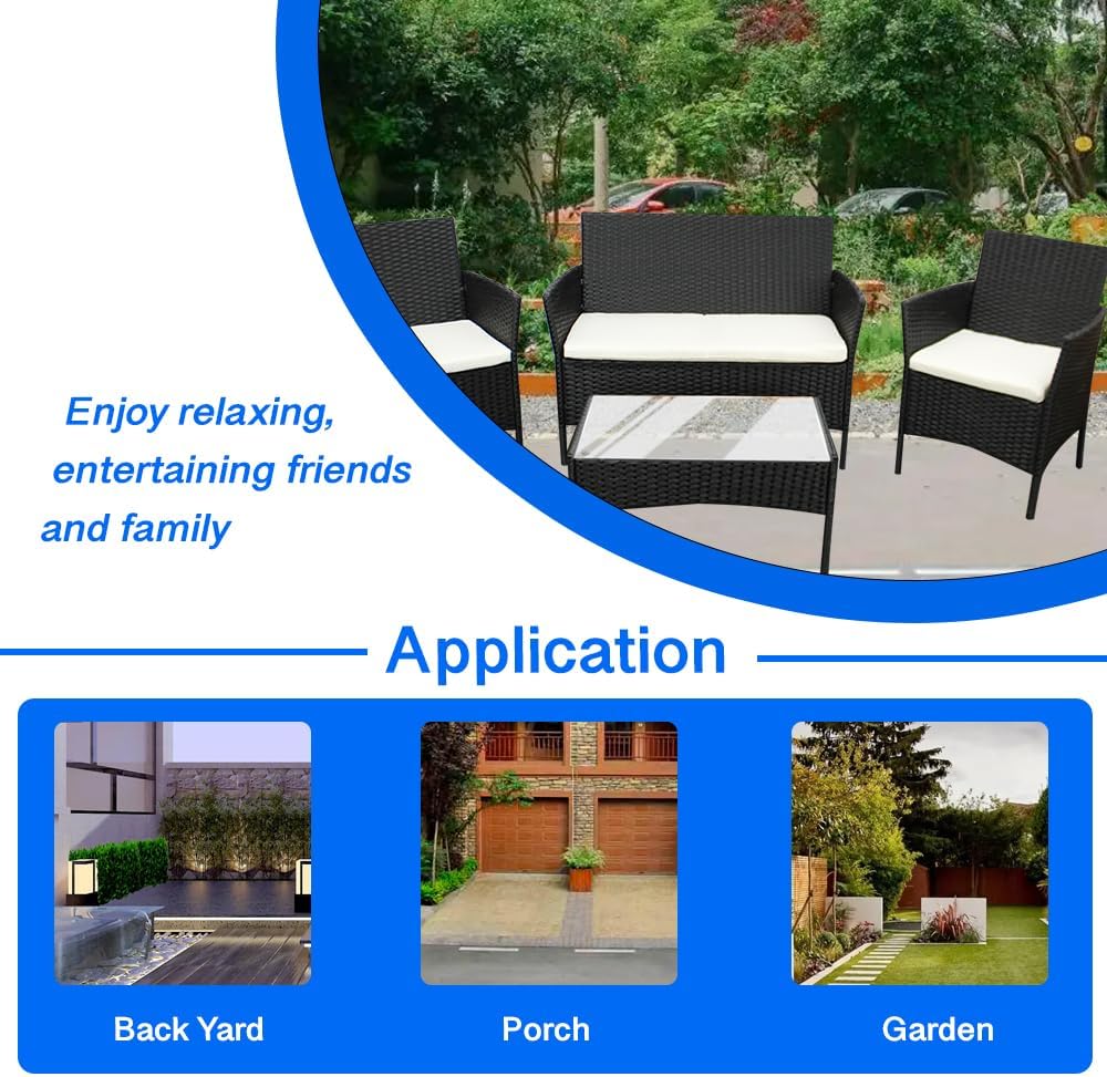 SEDOL 4-Piece Rattan Garden Furniture Sofa Set with Tempered Glass Coffee Table and 2 Armchairs Wicker Outdoor Patio Set with Water-Resistant Beige Cushions for Garden Balcony and Conservatory