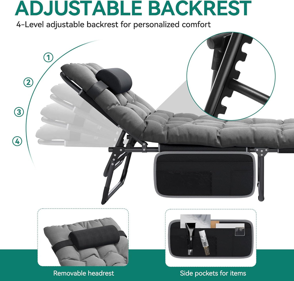 SEDOL Reclining Sun Lounger Set of 2 | 5-Position Adjustable Folding Garden Bed with Sponge-Filled Mattress | Heavy Duty 330lb Capacity Sunbeds with Headrest and Side Storage Pocket Gray