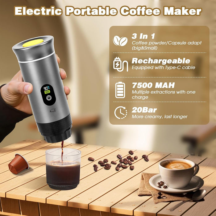 SEDOL 3-in-1 Electric Portable Espresso Maker | Self-Heating Coffee Machine with 20-Bar Pressure | 7500mAh Rechargeable Battery | Compatible with Large & Small Capsules and Ground Coffee for Camping Car and Travel