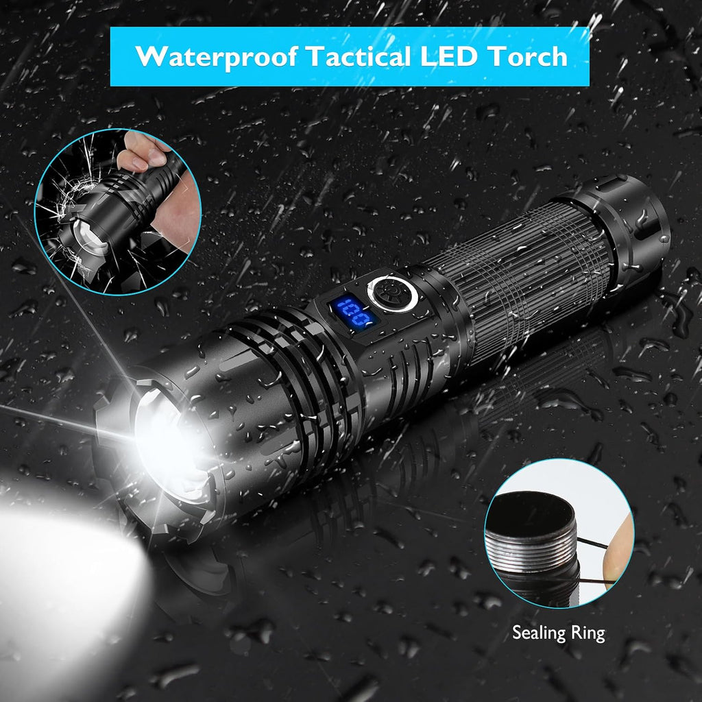 SEDOL Ultra-Bright Rechargeable LED Torch | 1000000 Lumen High-Powered XHP70 Chip Flashlight with Smart LCD Power Display | 5 Light Modes & Zoomable Beam | Waterproof Aviation-Grade Aluminum for Camping Hiking and Emergencies