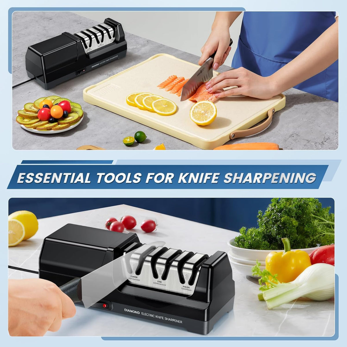 SEDOL 3-Stage Electric Knife Sharpener | Professional 100% Diamond Abrasive System | 20-Degree Precision Angle Guide with Magnetic Debris Collector and 2800 RPM Motor