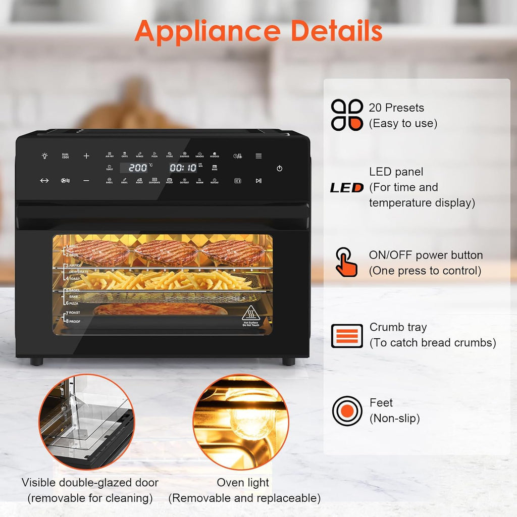 SEDOL 30L Air Fryer Oven XXL with Rotisserie 1800W Digital Countertop Convection Oven 20 Cooking Presets 360° Hot Air Circulation 9 Accessories Included for Whole Chicken and 13 Inch Pizza Black