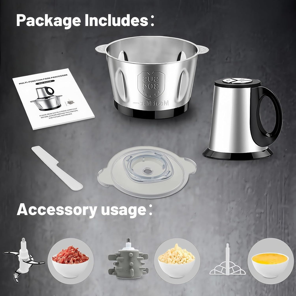 SEDOL Electric Mini Food Chopper 600W Meat Grinder 2L Stainless Steel Bowl 3-Speed Food Processor for Mincing Meat Vegetables and Baby Food 4D Bi-Level Blades Portable Mincer Silver