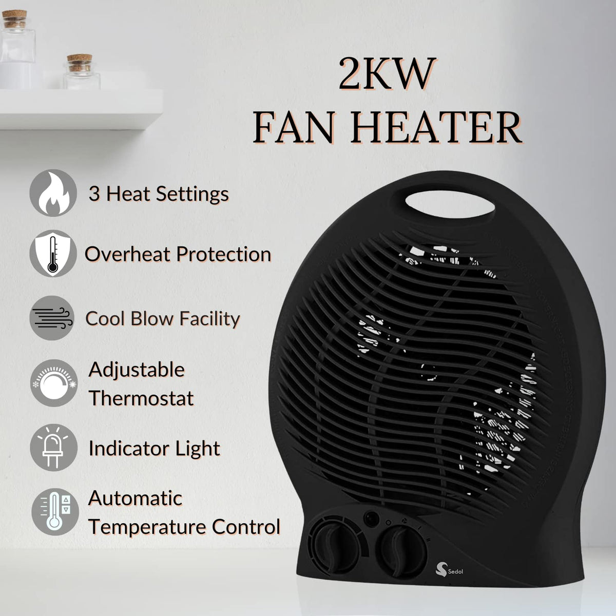 SEDOL 2KW Electric Fan Heater - Black