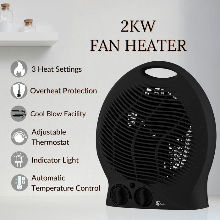 SEDOL 2KW Electric Fan Heater - Black
