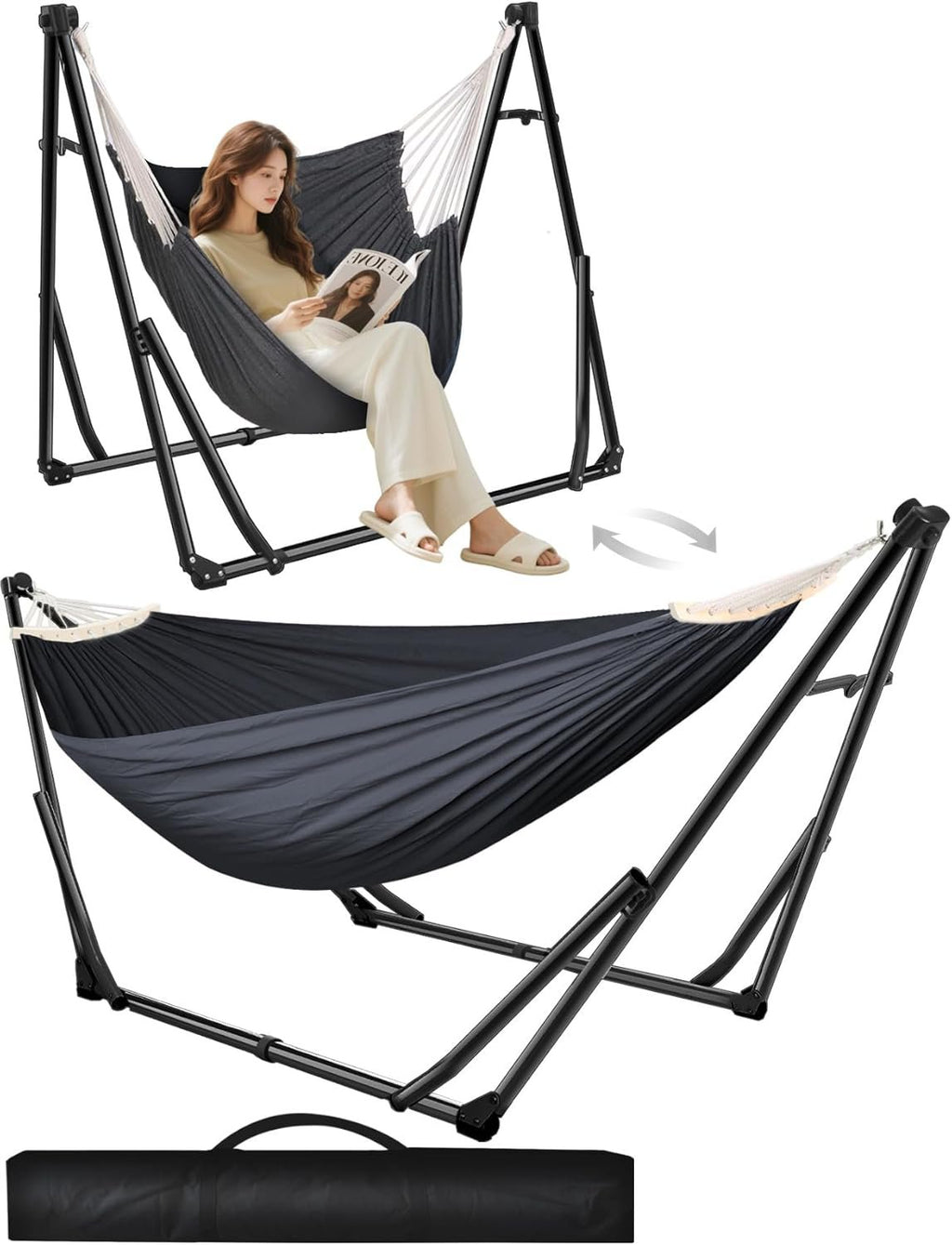 SEDOL 2-in-1 Hammock & Hanging Chair with Foldable Stand | Portable Freestanding Steel Frame Set | Heavy-Duty 200kg Capacity | Breathable Cotton Blend Hammock & Swing Chair for Indoor and Outdoor Relaxation