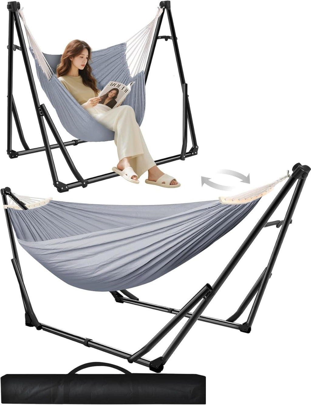 SEDOL 2-in-1 Hammock & Hanging Chair with Foldable Stand | Portable Freestanding Steel Frame Set | Heavy-Duty 200kg Capacity | Breathable Cotton Blend Hammock & Swing Chair for Indoor and Outdoor Relaxation