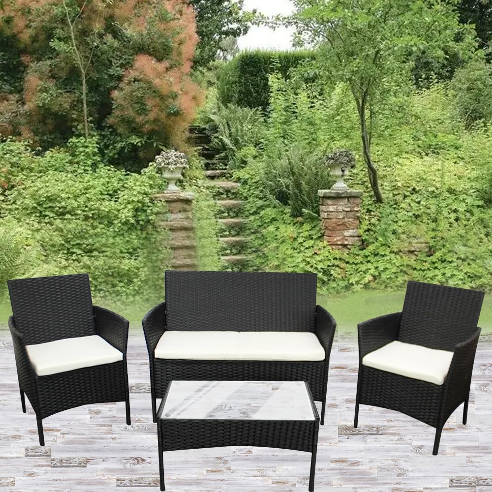 SEDOL 4-Piece Rattan Garden Furniture Sofa Set with Tempered Glass Coffee Table and 2 Armchairs Wicker Outdoor Patio Set with Water-Resistant Beige Cushions for Garden Balcony and Conservatory