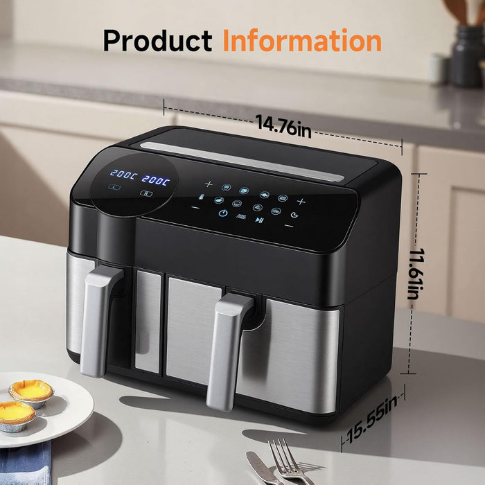 SEDOL 9.5L Dual Zone Air Fryer XXL 2400W Energy Saving Double Basket Digital Airfryer with Smart Sync Finish 8-in-1 Presets for Roasting Baking and Dehydrating Oil-Free Healthy Multi-Cooker