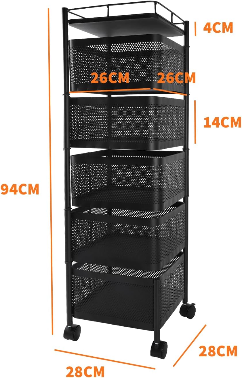 SEDOL 6-Tier Rotating Kitchen Storage Trolley | 94cm Floor Standing Metal Fruit & Vegetable Basket | 180° Swing-Out Mesh Bins with Wheels for Pantry Bathroom and Office
