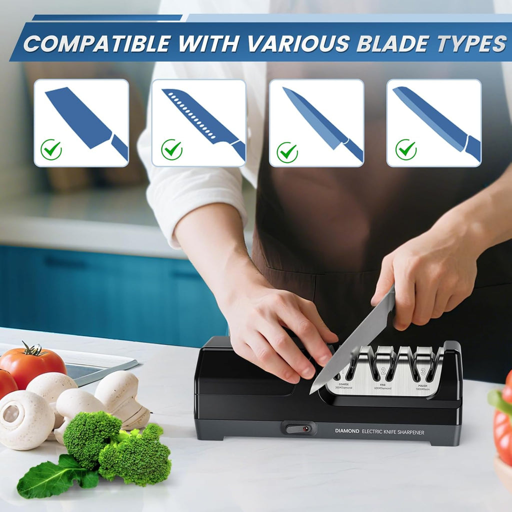 SEDOL 3-Stage Electric Knife Sharpener | Professional 100% Diamond Abrasive System | 20-Degree Precision Angle Guide with Magnetic Debris Collector and 2800 RPM Motor