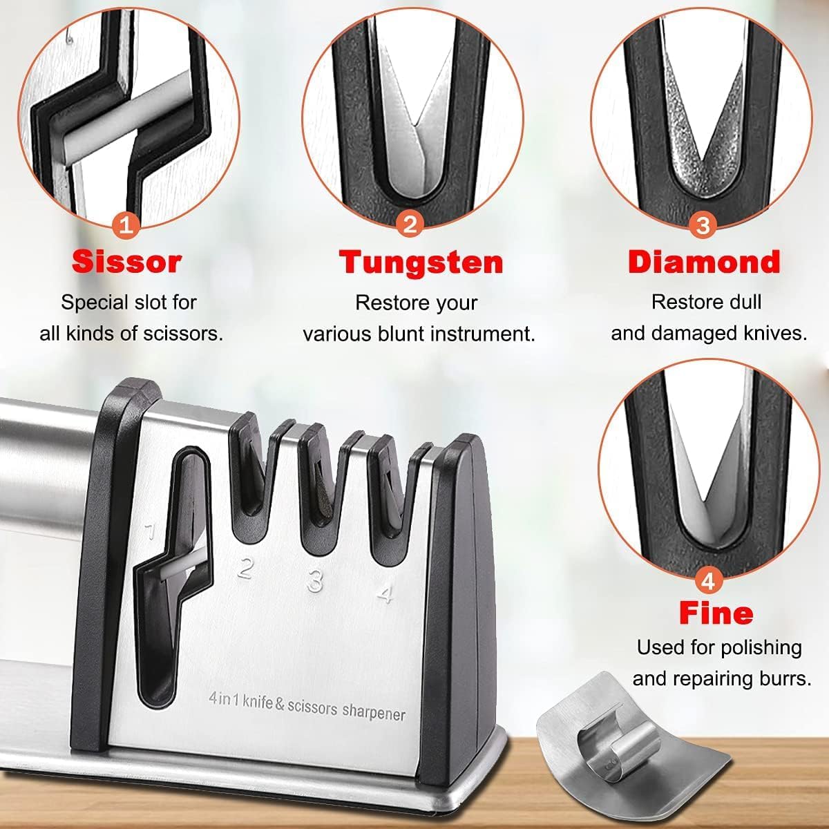 SEDOL 4-in-1 Professional Knife and Scissor Sharpener | Diamond Tungsten and Ceramic 4-Stage Sharpening System | Ergonomic Manual Kitchen Sharpener with Safety Finger Guard and Non-Slip Base