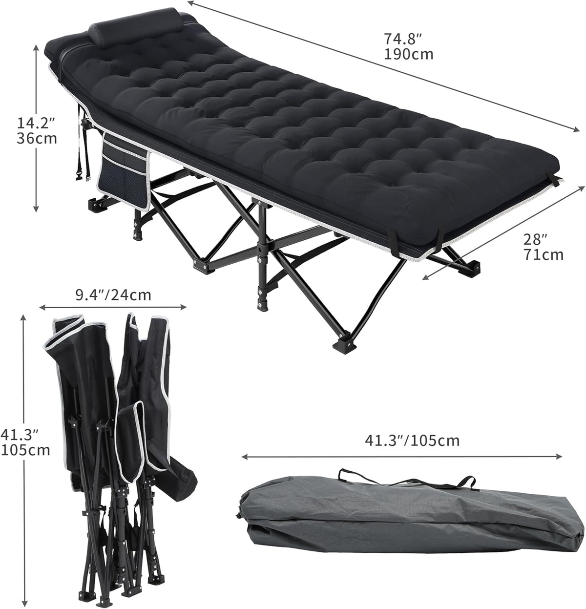 SEDOL Heavy-Duty Folding Camping Bed for Adults | 250KG Load Capacity Sturdy Camp Cot with Extra Thick Removable Mattress | Double-Layer 1200D Oxford Fabric Sleeping Bed for Travel Office and Outdoor