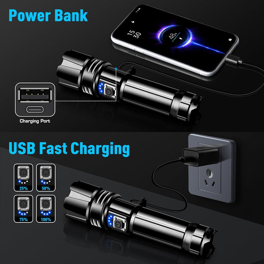 SEDOL 2-Pack Ultra-Bright Rechargeable LED Torches | High-Powered XHP70.2 Chip with 5000mAh Emergency Power Bank | IPX7 Waterproof & 1000m Zoomable Beam | Professional Tactical Torch Set for Camping and Emergencies