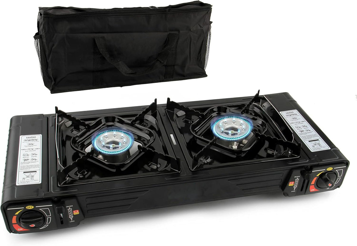 SEDOL 2-Burner Portable Camping Stove | High-Power 5kW Double Gas Cooker with Piezo Ignition | Lightweight Alloy Steel Design with Protective Carry Case for Festivals Camping and Outdoor Cooking