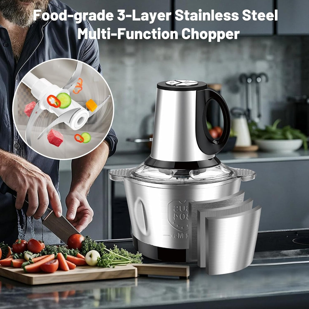 SEDOL Electric Mini Food Chopper 600W Meat Grinder 2L Stainless Steel Bowl 3-Speed Food Processor for Mincing Meat Vegetables and Baby Food 4D Bi-Level Blades Portable Mincer Silver