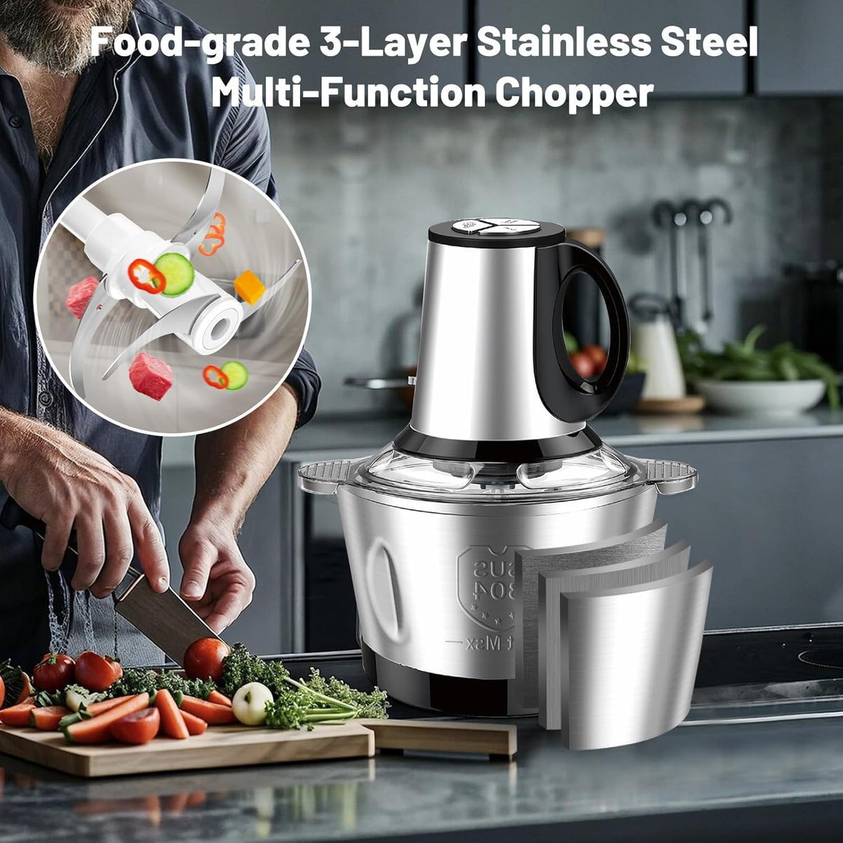 SEDOL Electric Mini Food Chopper 600W Meat Grinder 2L Stainless Steel Bowl 3-Speed Food Processor for Mincing Meat Vegetables and Baby Food 4D Bi-Level Blades Portable Mincer Silver