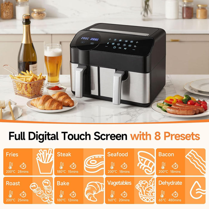 SEDOL 9.5L Dual Zone Air Fryer XXL 2400W Energy Saving Double Basket Digital Airfryer with Smart Sync Finish 8-in-1 Presets for Roasting Baking and Dehydrating Oil-Free Healthy Multi-Cooker