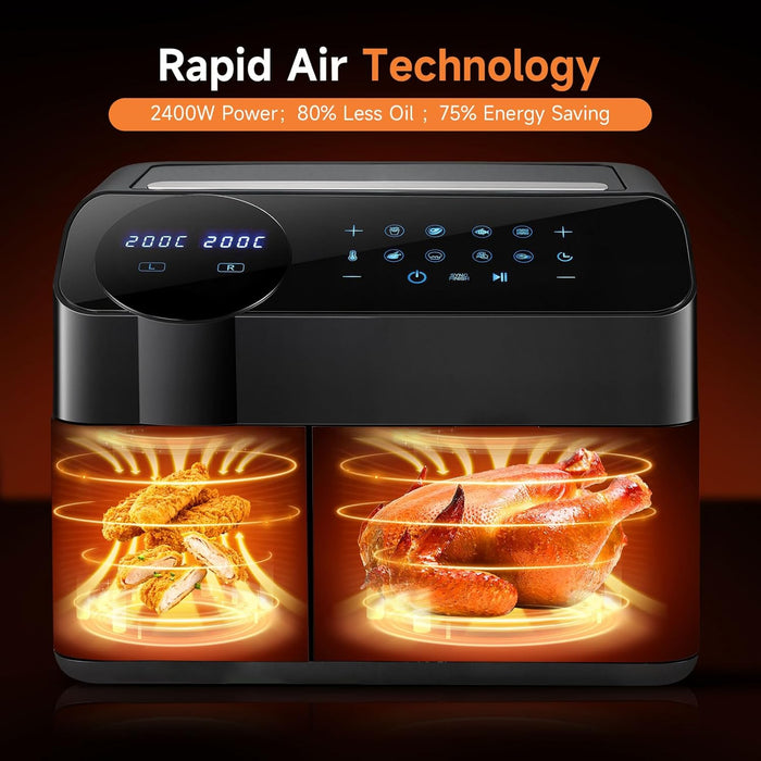 SEDOL 9.5L Dual Zone Air Fryer XXL 2400W Energy Saving Double Basket Digital Airfryer with Smart Sync Finish 8-in-1 Presets for Roasting Baking and Dehydrating Oil-Free Healthy Multi-Cooker